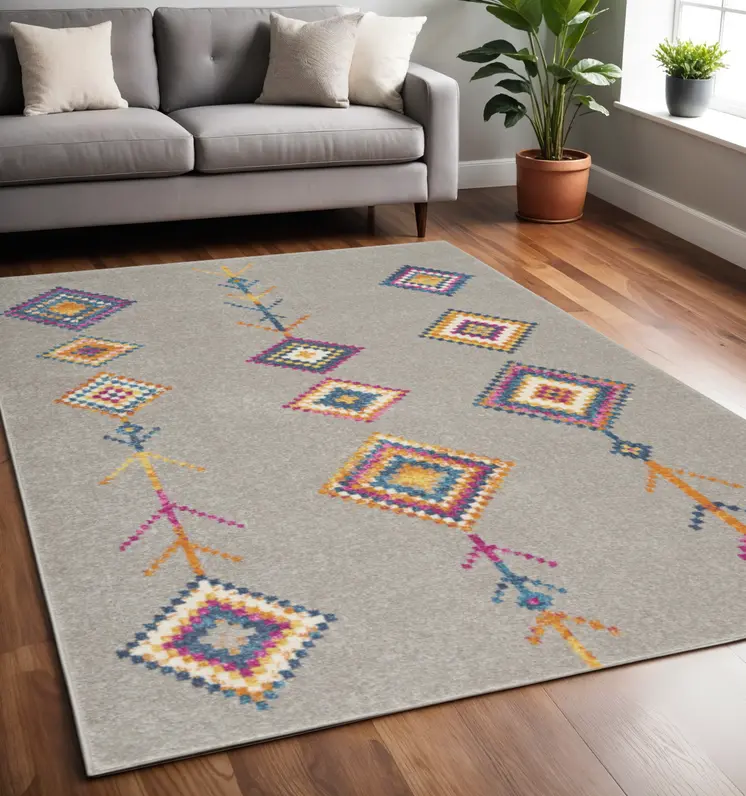 5' X 7' Gray Blue And Orange Tribal Area Rug