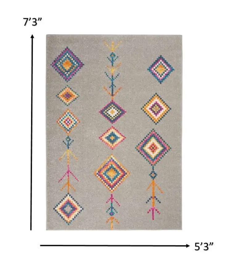 5' X 7' Gray Blue And Orange Tribal Area Rug