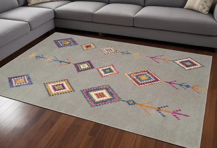 7' X 10' Gray Blue And Orange Tribal Area Rug