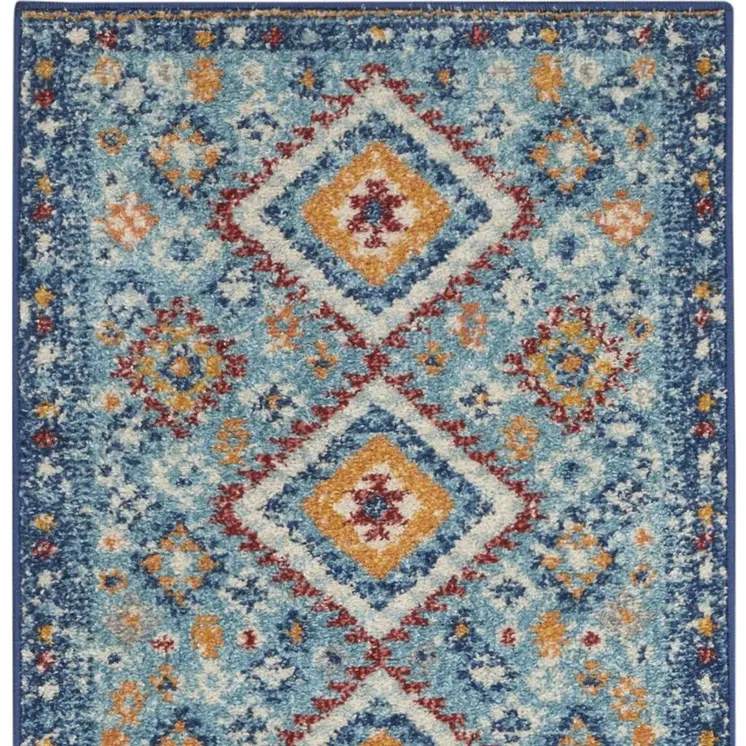 8' Blue And Orange Geometric Runner Rug