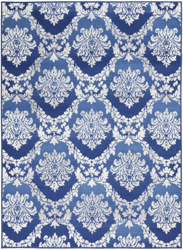 4' X 6' Blue And Ivory Damask Distressed Area Rug