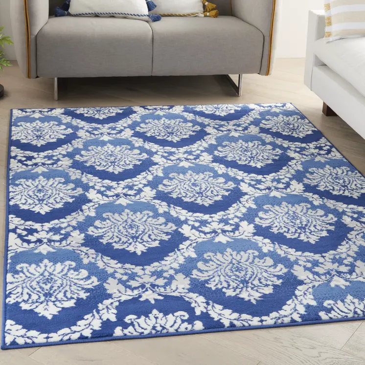 4' X 6' Blue And Ivory Damask Distressed Area Rug