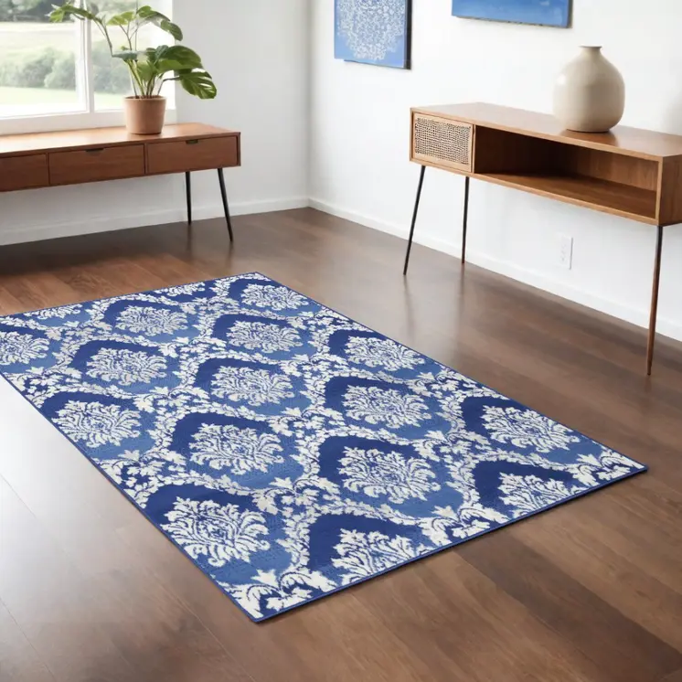 4' X 6' Blue And Ivory Damask Distressed Area Rug