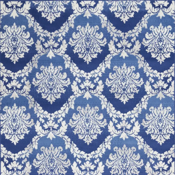 4' X 6' Blue And Ivory Damask Distressed Area Rug