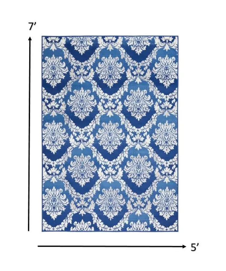 5' X 7' Blue And Ivory Damask Distressed Area Rug