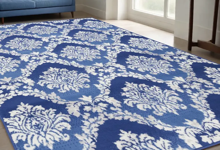 5' X 7' Blue And Ivory Damask Distressed Area Rug