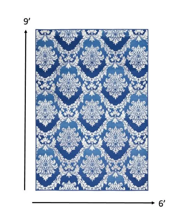 6' X 9' Blue And Ivory Damask Distressed Area Rug