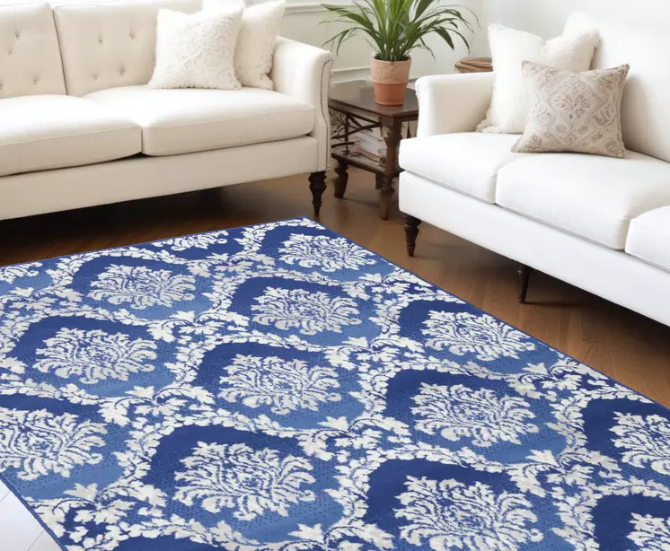 6' X 9' Blue And Ivory Damask Distressed Area Rug