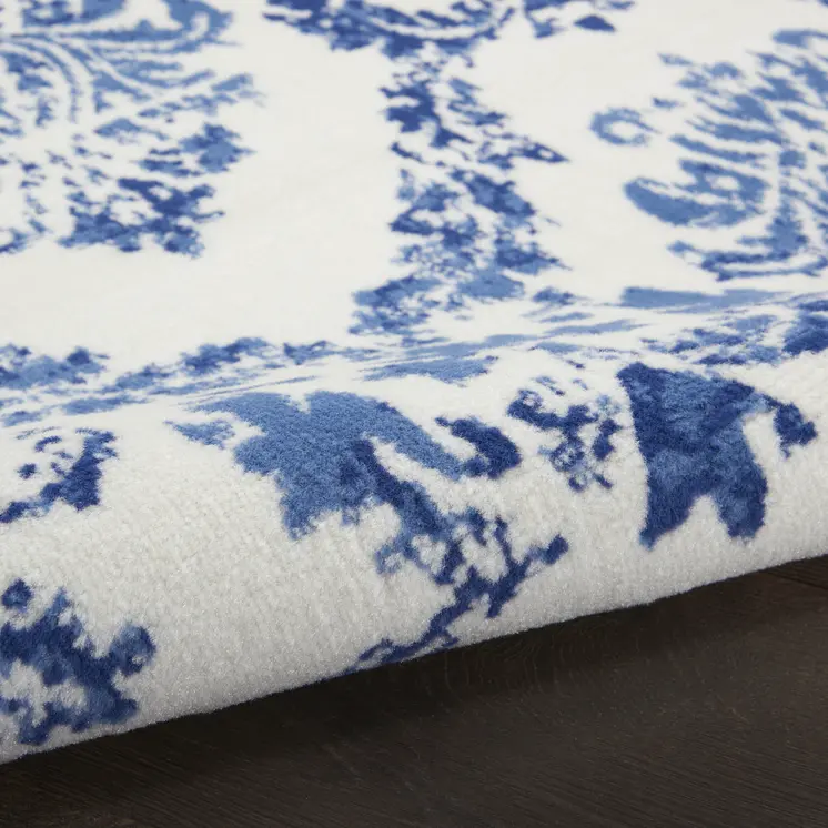 4' X 6' Ivory And Blue Damask Distressed Area Rug