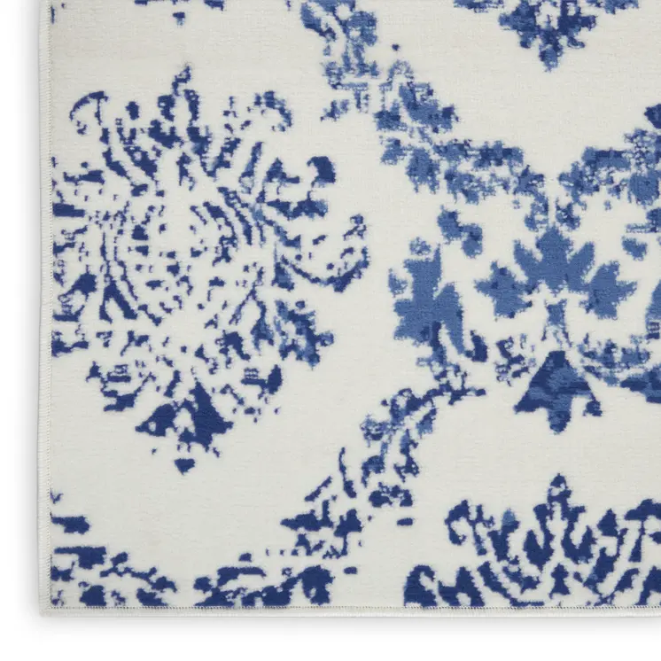 4' X 6' Ivory And Blue Damask Distressed Area Rug