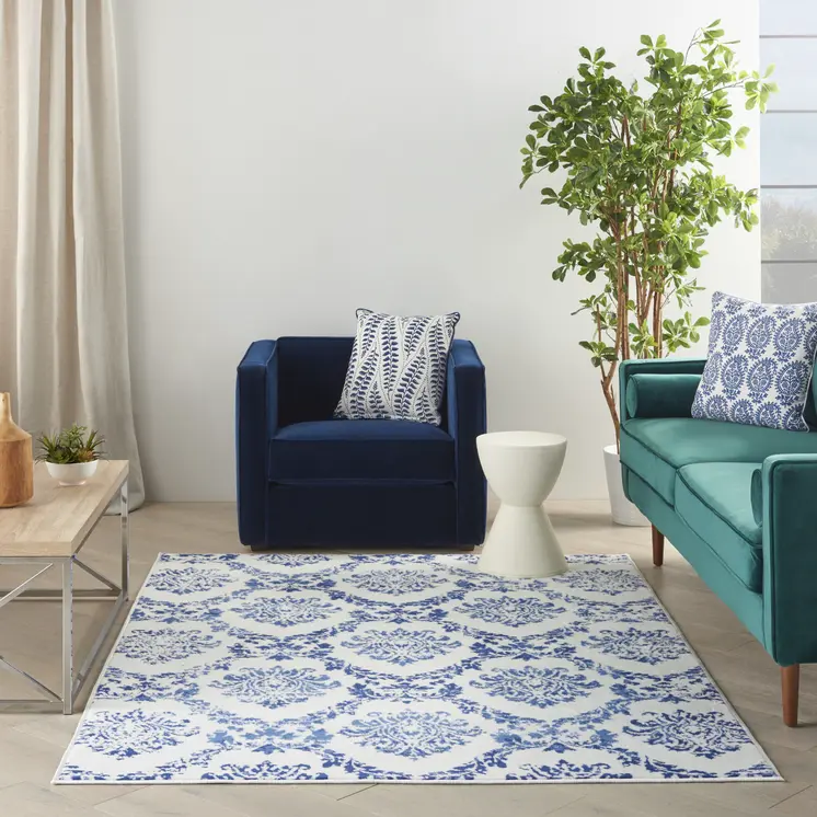 4' X 6' Ivory And Blue Damask Distressed Area Rug