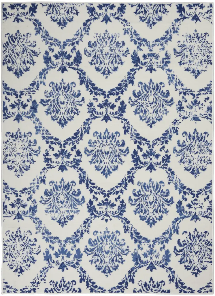 6' X 9' Ivory And Blue Damask Distressed Area Rug