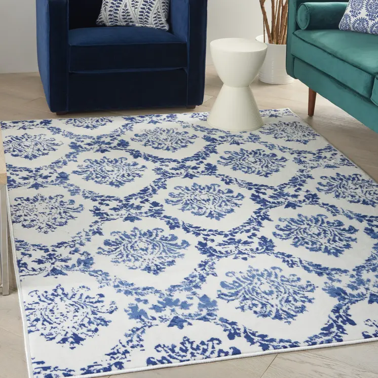 6' X 9' Ivory And Blue Damask Distressed Area Rug