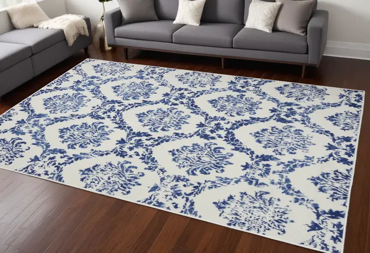 6' X 9' Ivory And Blue Damask Distressed Area Rug