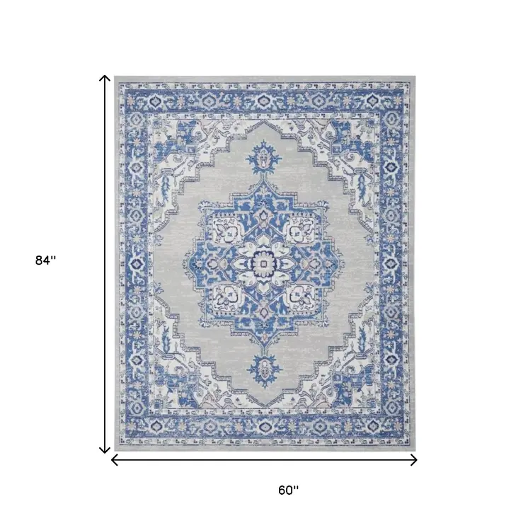 5' X 7' Blue And Gray Medallion Area Rug