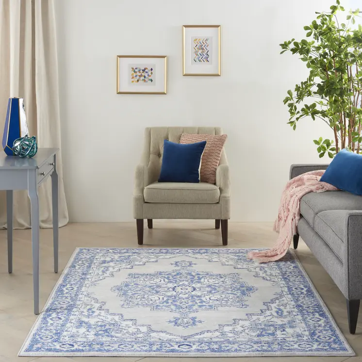5' X 7' Blue And Gray Medallion Area Rug