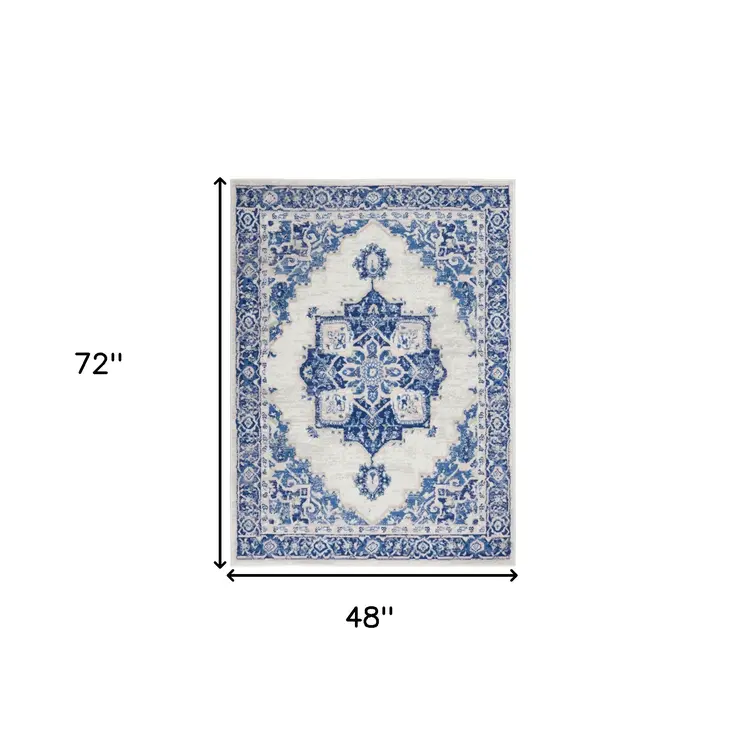 4' X 6' Ivory And Blue Medallion Area Rug