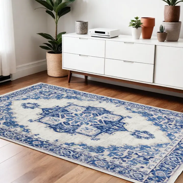 4' X 6' Ivory And Blue Medallion Area Rug