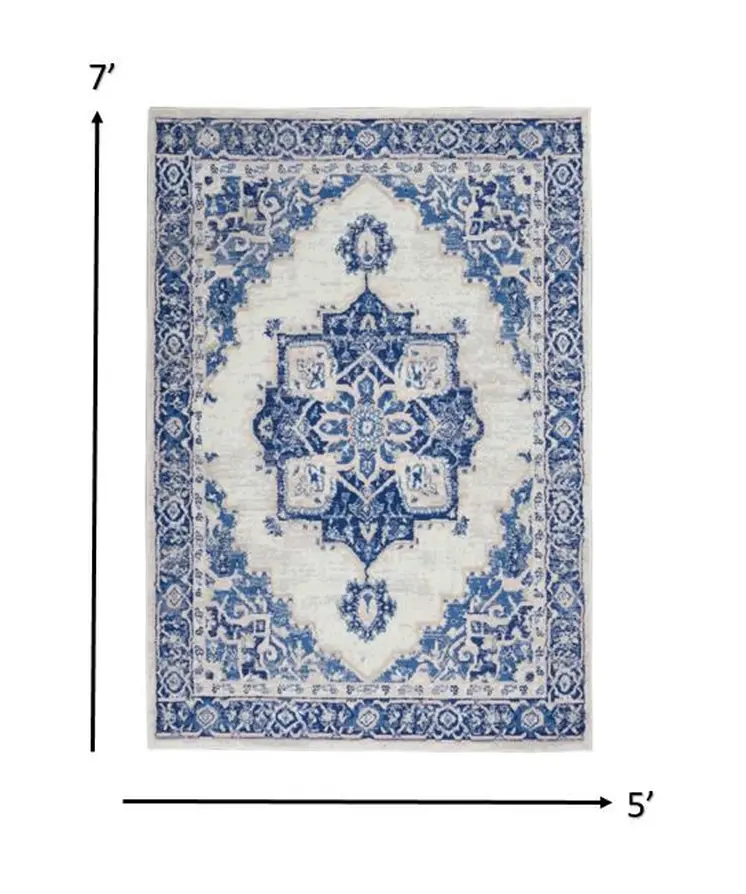 5' X 7' Ivory And Blue Medallion Area Rug