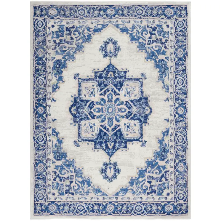 5' X 7' Ivory And Blue Medallion Area Rug