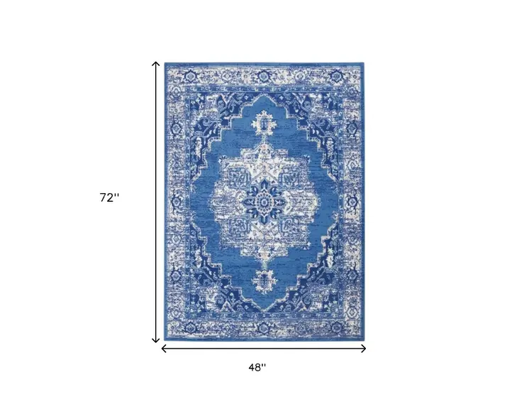 4' X 6' Ivory And Blue Medallion Area Rug
