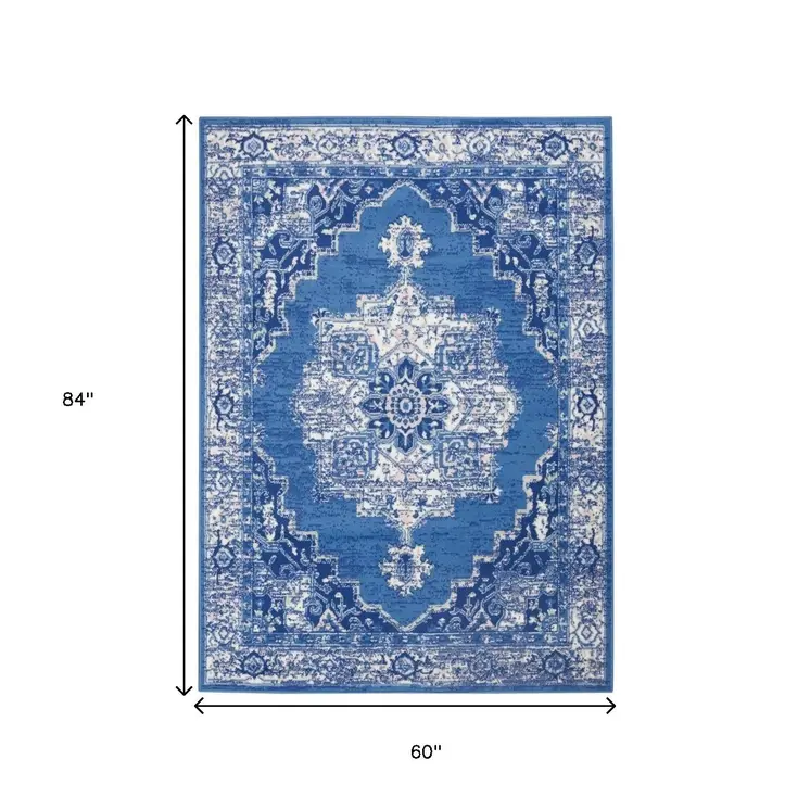 5' X 7' Ivory And Blue Medallion Area Rug