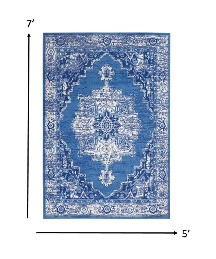 5' X 7' Ivory And Blue Medallion Area Rug