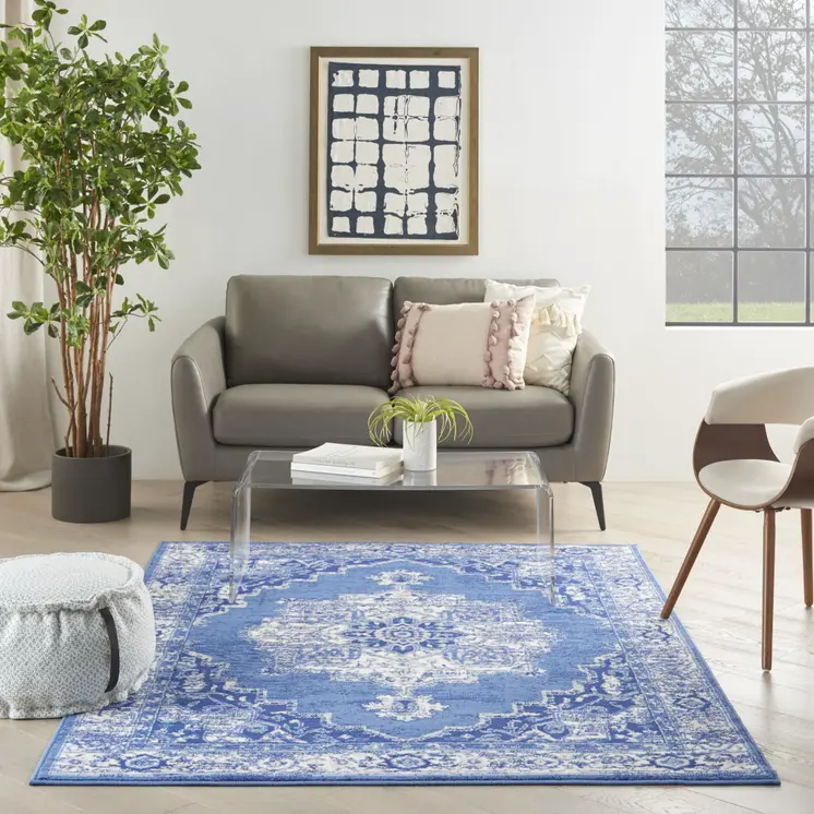 5' X 7' Ivory And Blue Medallion Area Rug