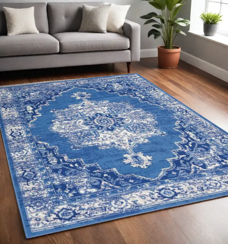 5' X 7' Ivory And Blue Medallion Area Rug