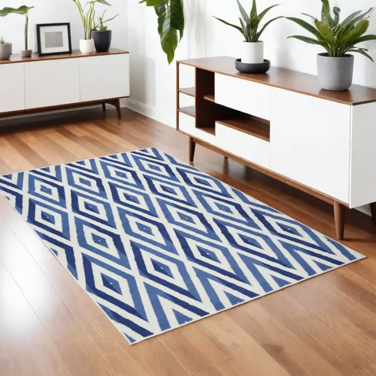 4' X 6' Ivory And Blue Geometric Area Rug