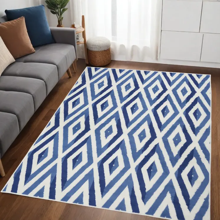 5' X 7' Ivory And Blue Geometric Area Rug
