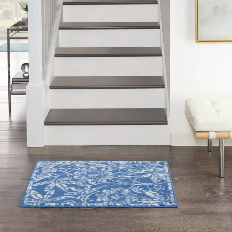 5' X 7' Blue And Ivory Floral Vines Distressed Area Rug