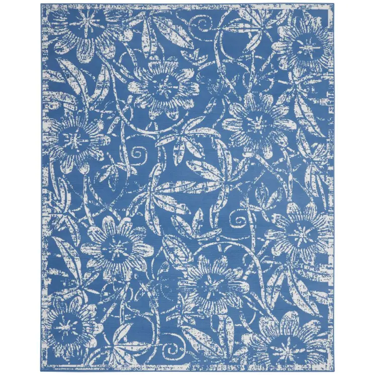 5' X 7' Blue And Ivory Floral Vines Distressed Area Rug