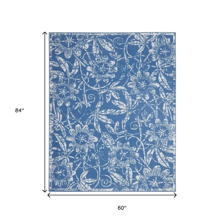 5' X 7' Blue And Ivory Floral Vines Distressed Area Rug