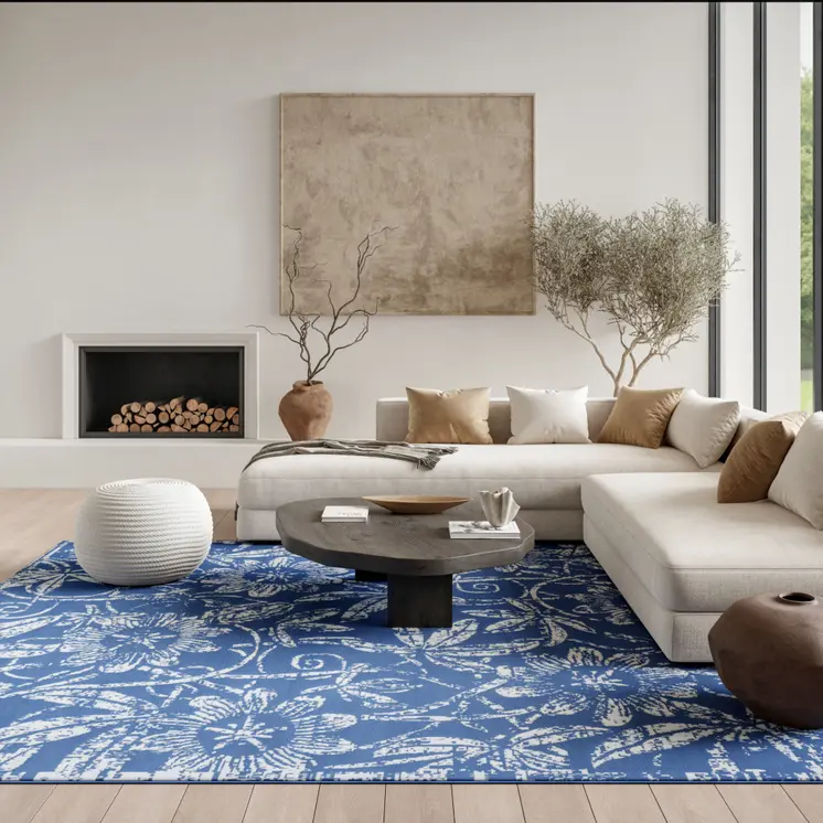 6' X 9' Blue And Ivory Floral Distressed Area Rug