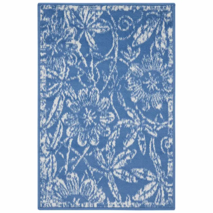 6' X 9' Blue And Ivory Floral Distressed Area Rug