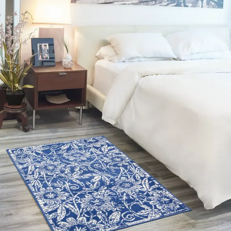 5' X 7' Ivory And Blue Floral Vines Distressed Area Rug