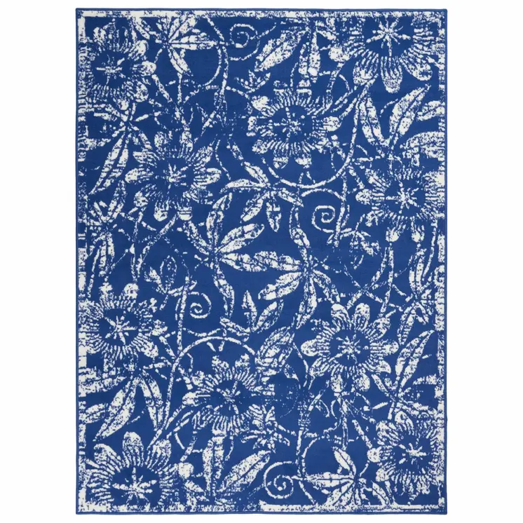 5' X 7' Ivory And Blue Floral Vines Distressed Area Rug