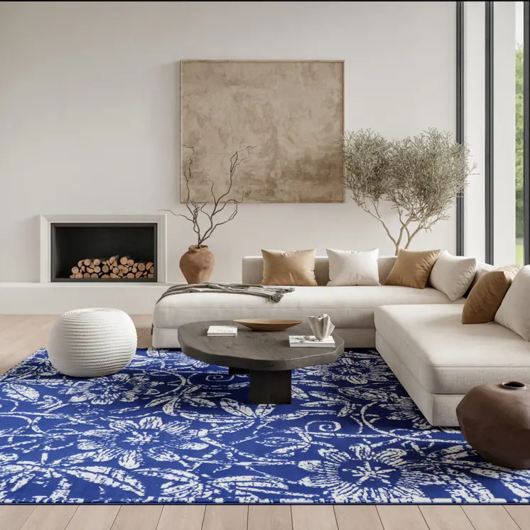 6' X 9' Ivory And Blue Floral Vines Distressed Area Rug