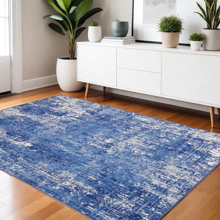 4' X 6' Blue And Ivory Abstract Distressed Area Rug