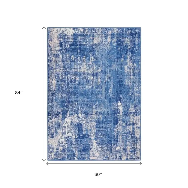 5' X 7' Blue And Ivory Abstract Distressed Area Rug