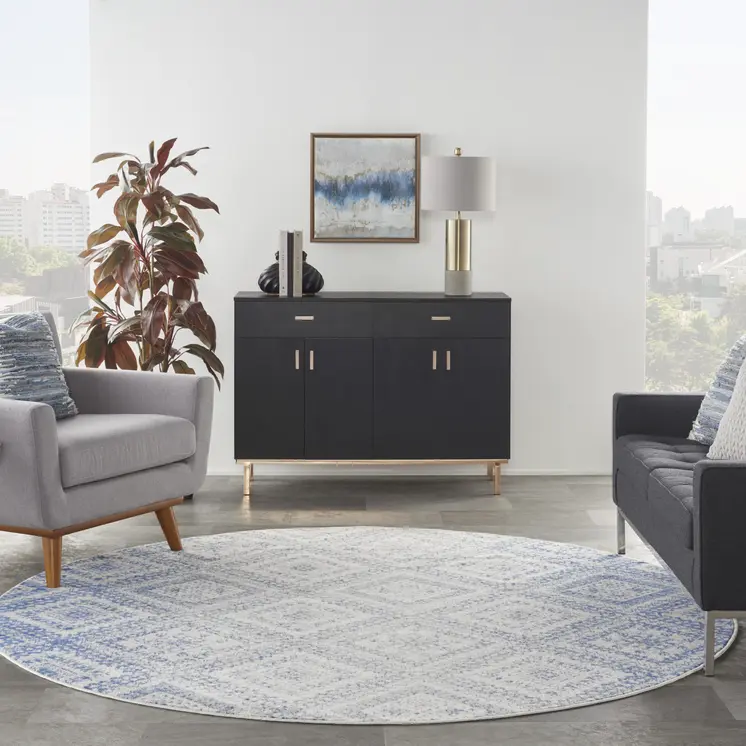 4' X 6' Ivory And Blue Geometric Distressed Area Rug