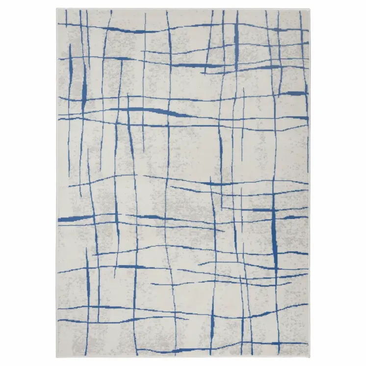 5' X 7' Ivory And Blue Geometric Distressed Area Rug