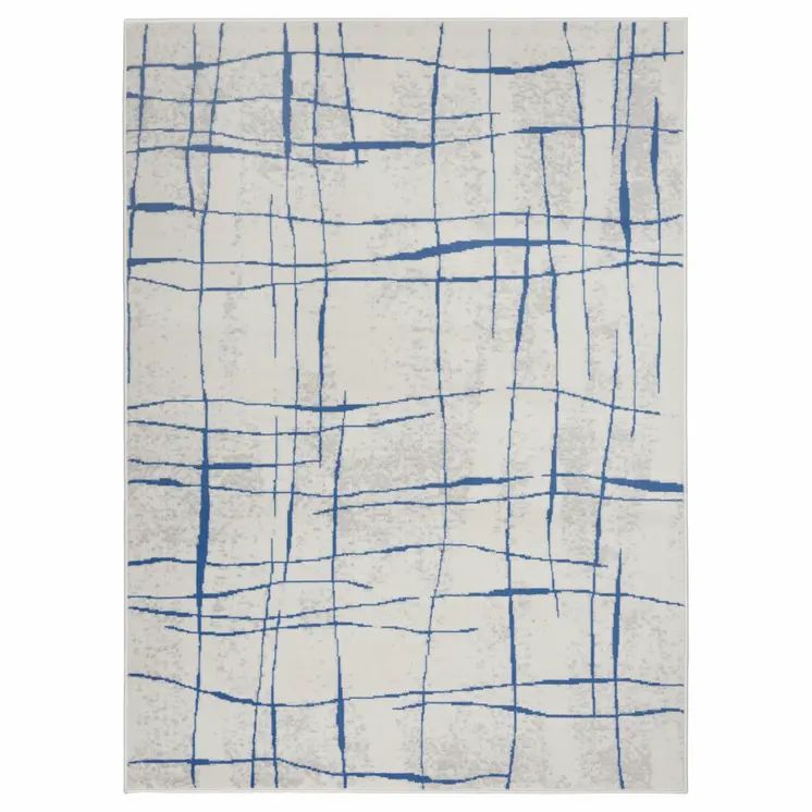 5' X 7' Ivory And Blue Geometric Distressed Area Rug