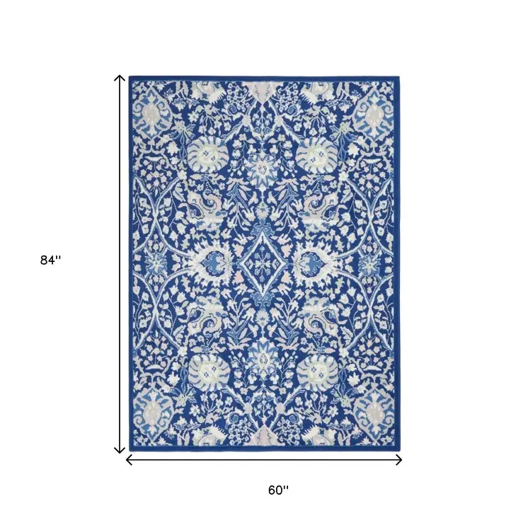 5' X 7' Ivory And Blue Floral Area Rug