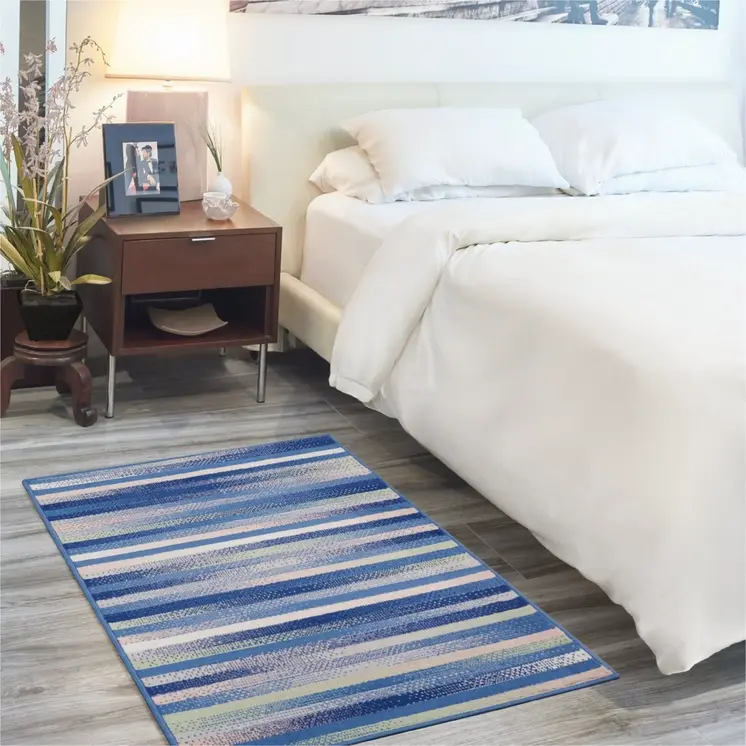 4' X 6' Blue And White Striped Distressed Area Rug