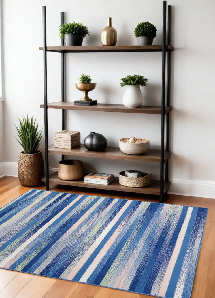 4' X 6' Blue And White Striped Distressed Area Rug