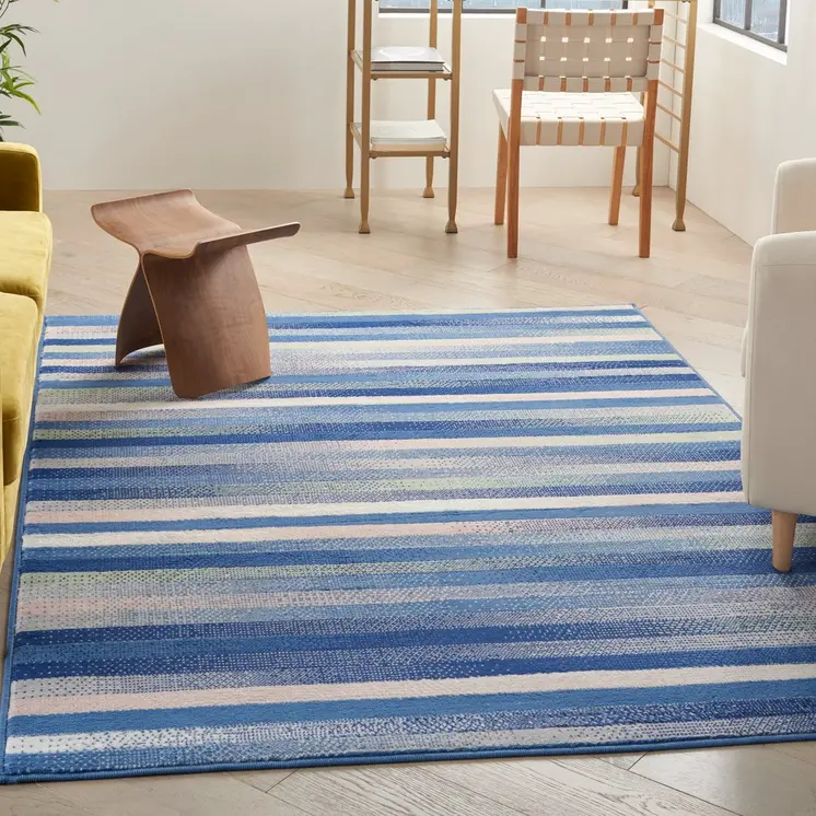 4' X 6' Blue And White Striped Distressed Area Rug