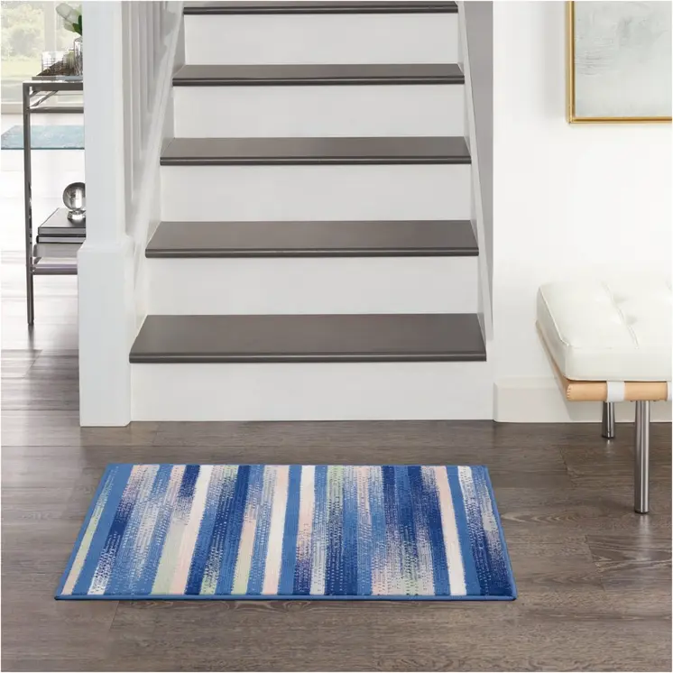 5' X 7' Blue And White Striped Distressed Area Rug