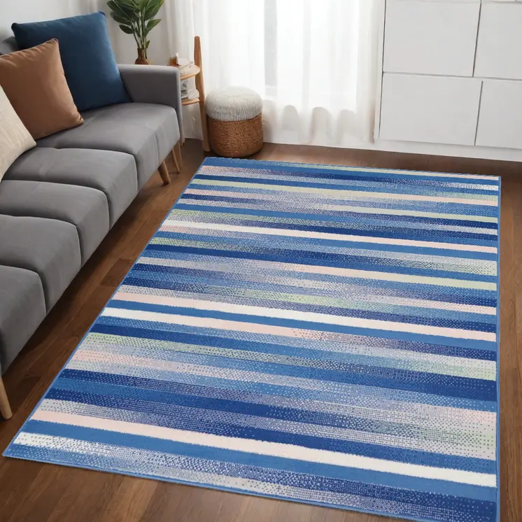 5' X 7' Blue And White Striped Distressed Area Rug